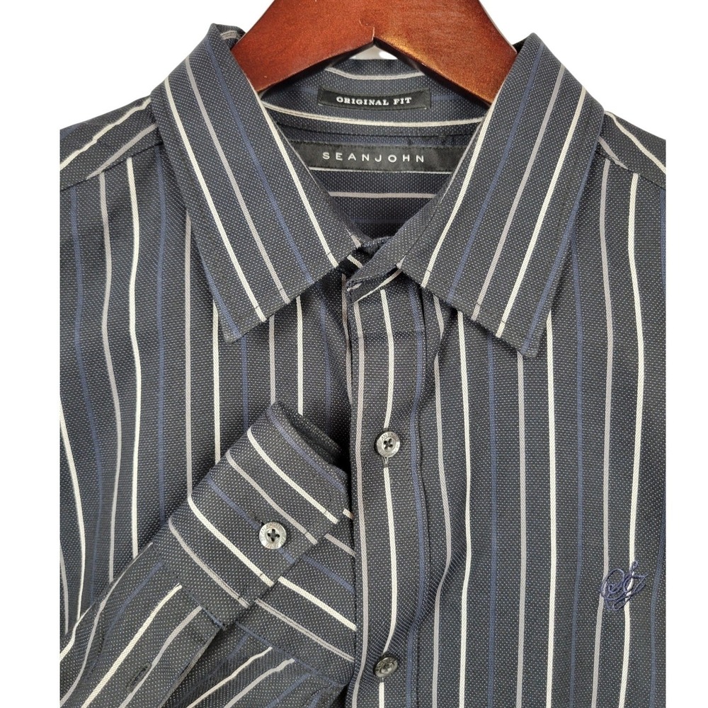 Sean John Original Fit Gray Striped Long Sleeve Button Up Shirt XL Mens‎